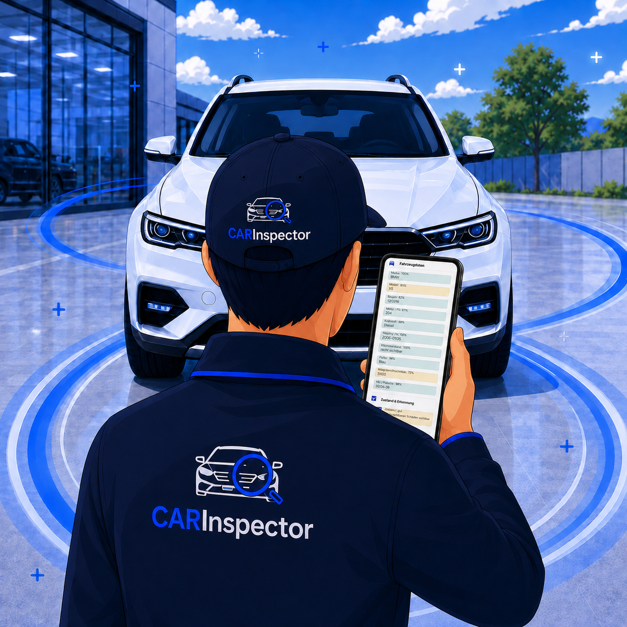 CARInspector-Nutzer betrachtet eine KI-gestützte Analyse auf dem Smartphone vor dem Fahrzeug.