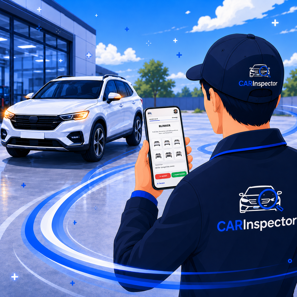 CARInspector-Nutzer dokumentiert Fahrzeugfunktionen per Smartphone während der Inspektion.